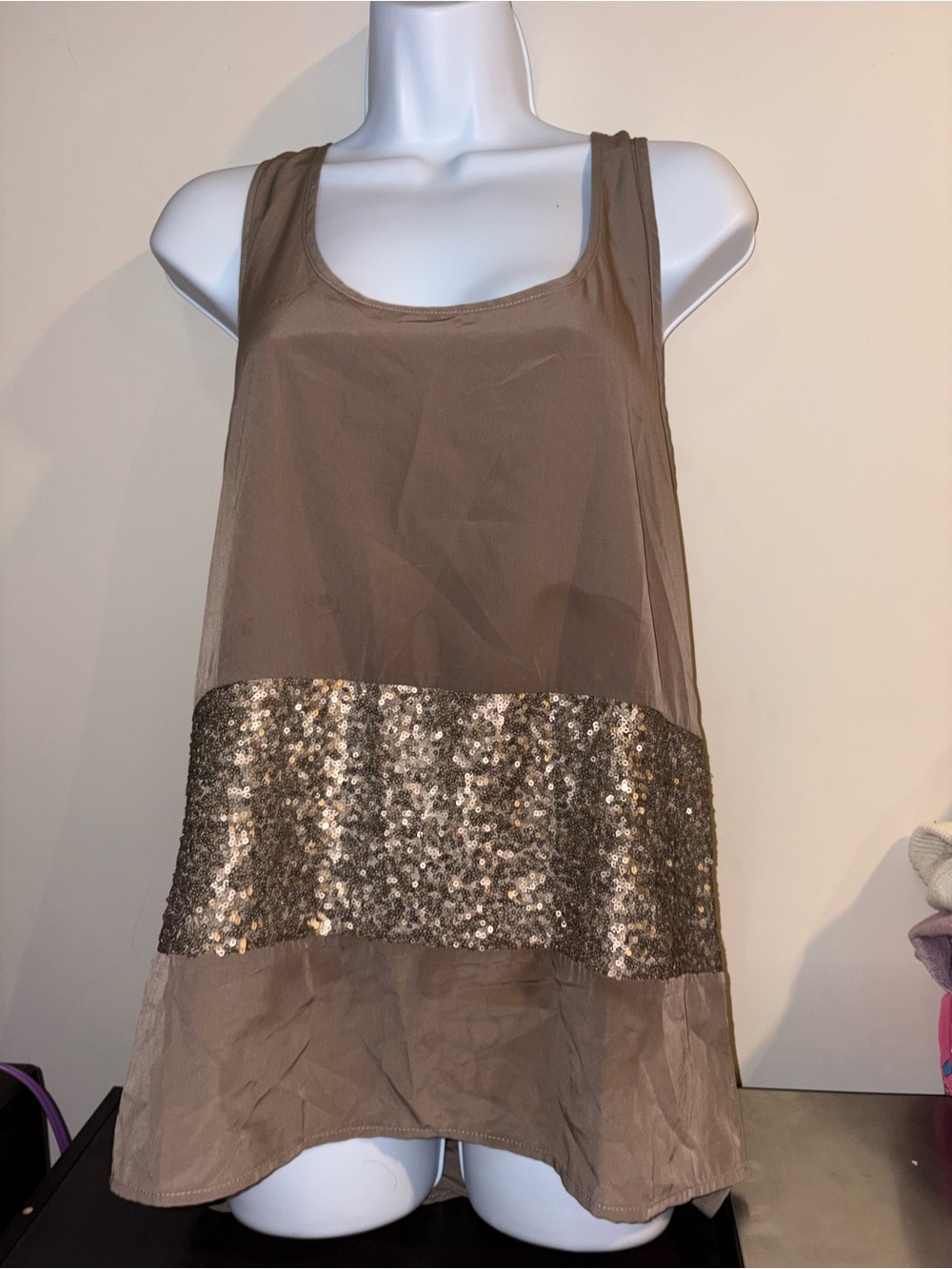 Bar III Taupe Tank Top with Sequin Band